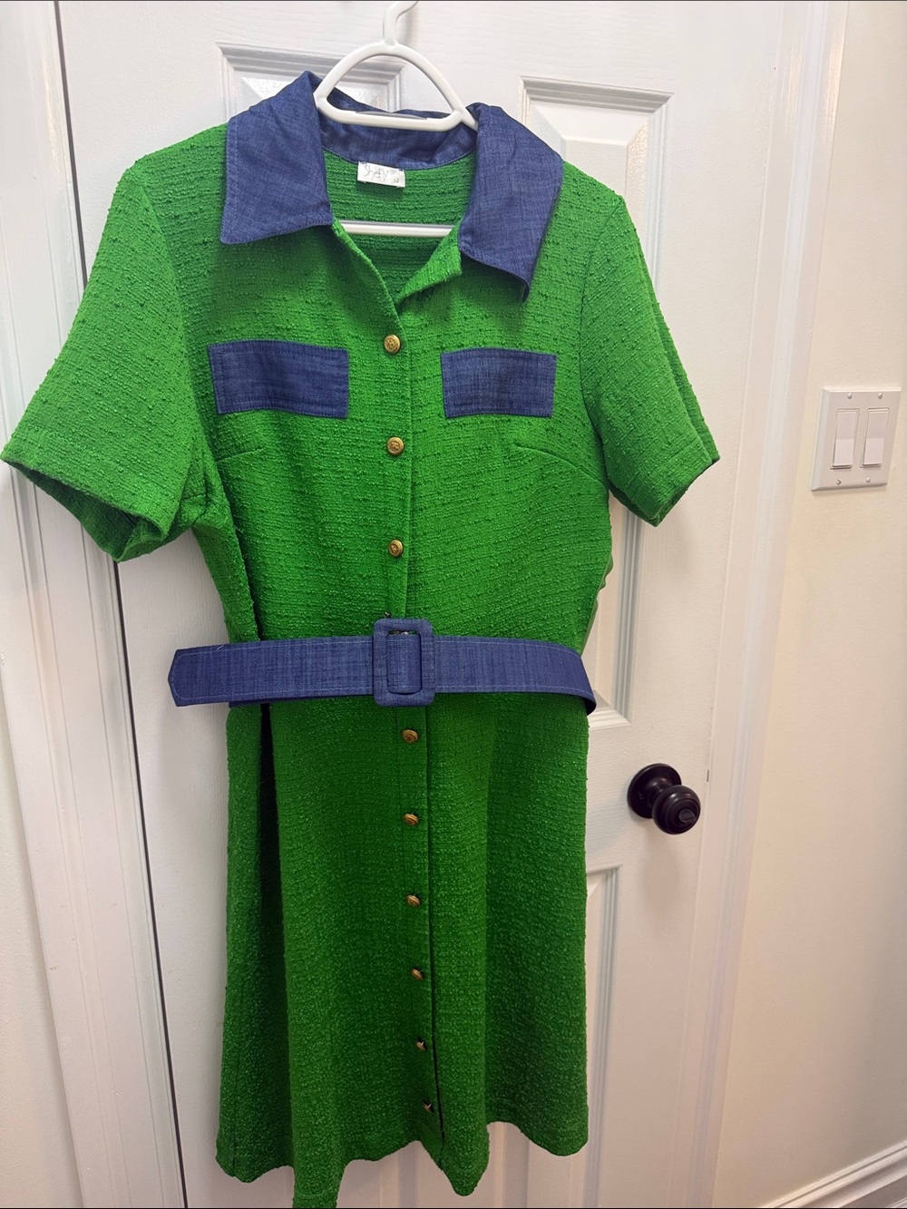 Green Textured Short-Sleeve Shirt Dress with Blue Trim and Belt